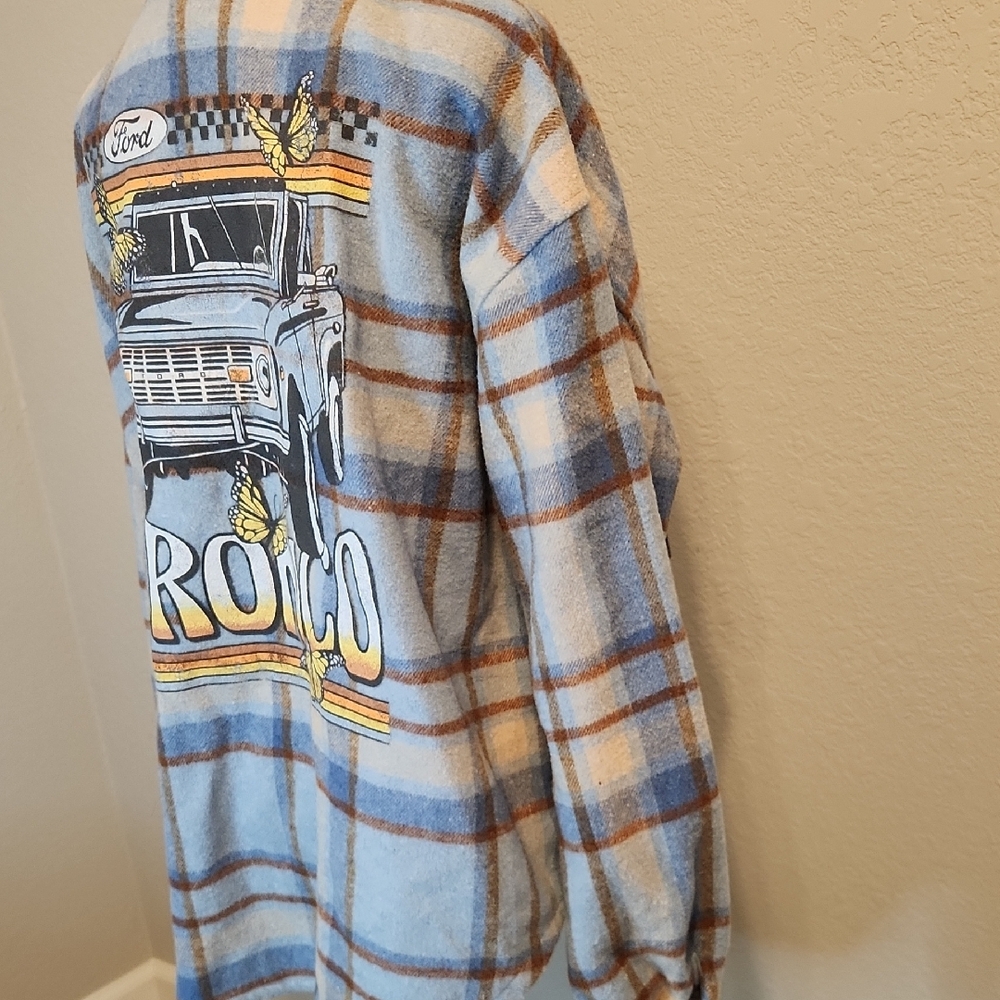 Ford Bronco Blue Brown Plaid Button Down Flannel Large - Picture 10 of 13